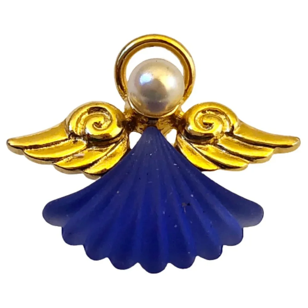 Angel Goldtone Lapel Tie Tack Pin Brooch Blue Glass Faux Pearl